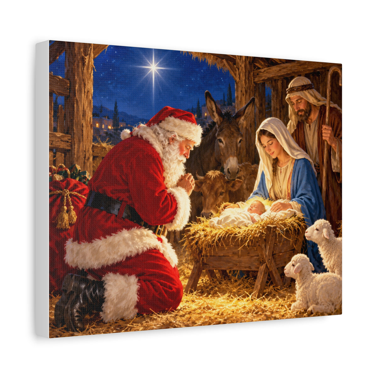 Santa at the Nativity Matte Stretched Canvas - Christmas Religious Wall Art