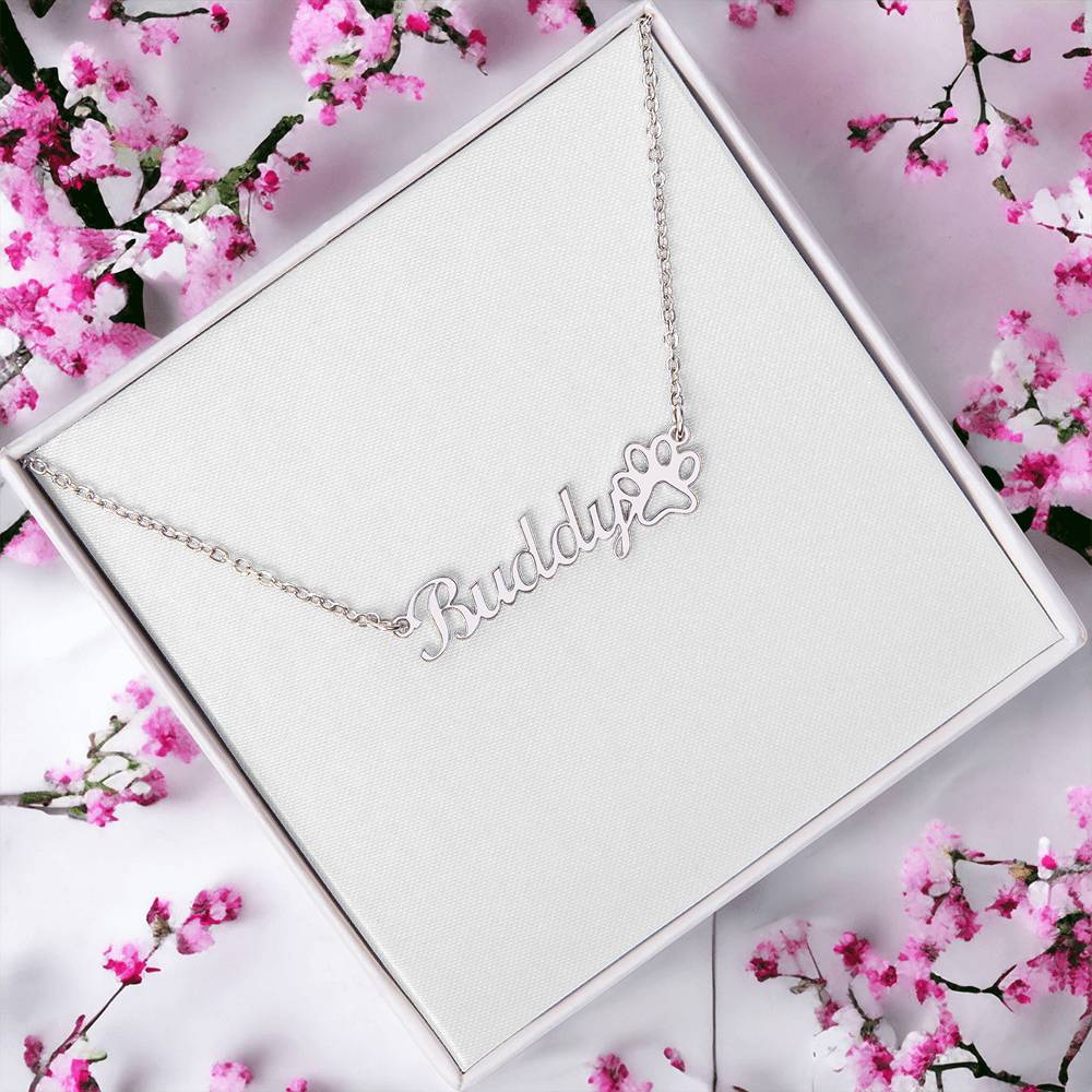 Always by My Side – Paw Print Name Necklace