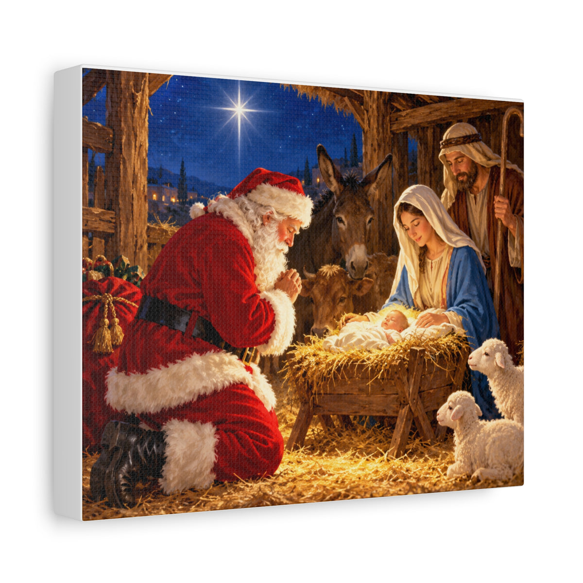 Santa at the Nativity Matte Stretched Canvas - Christmas Religious Wall Art