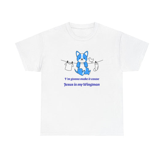 Christian Tee – "Jesus Is My Wingman" Cute Blue Dog Graphic T-Shirt
