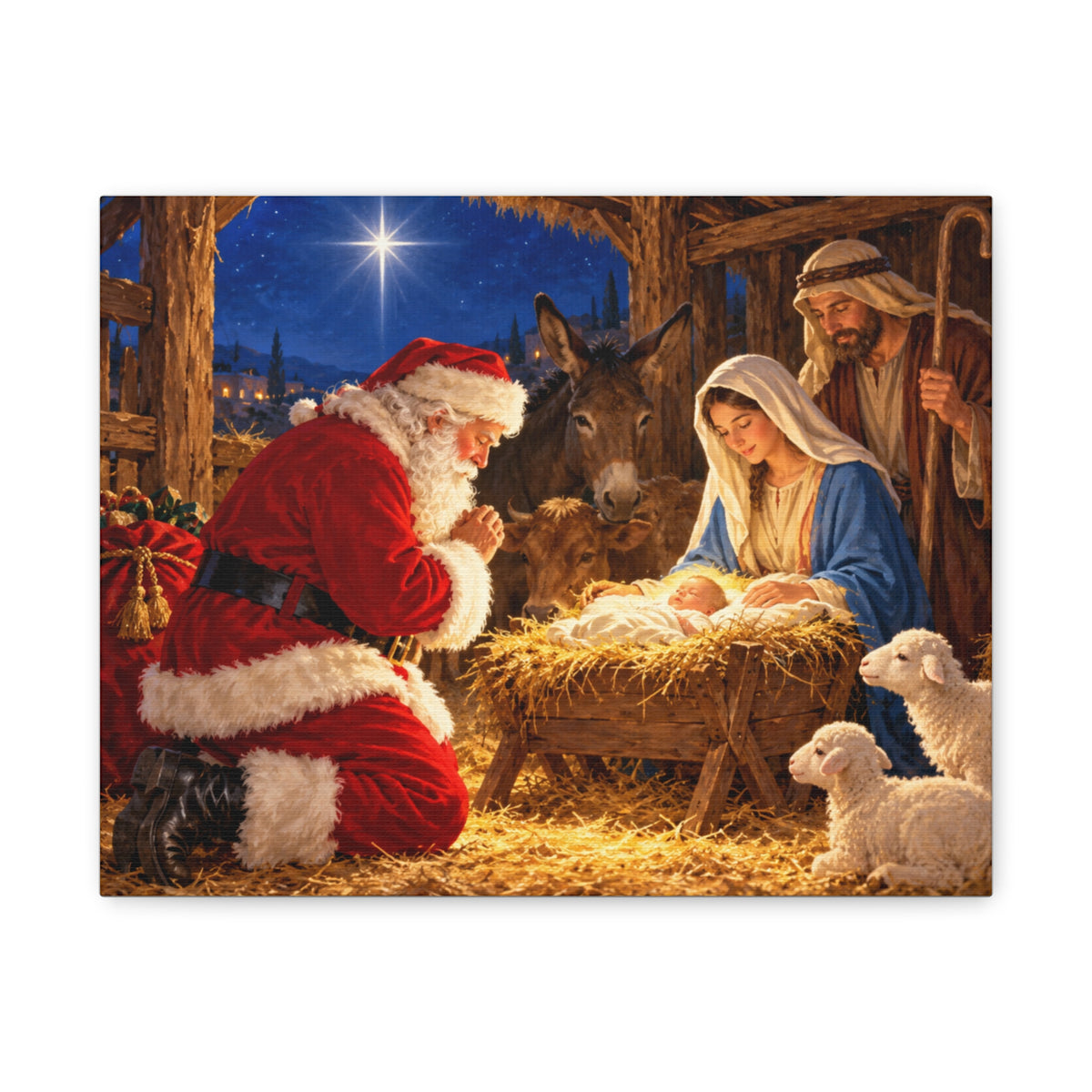 Santa at the Nativity Matte Stretched Canvas - Christmas Religious Wall Art