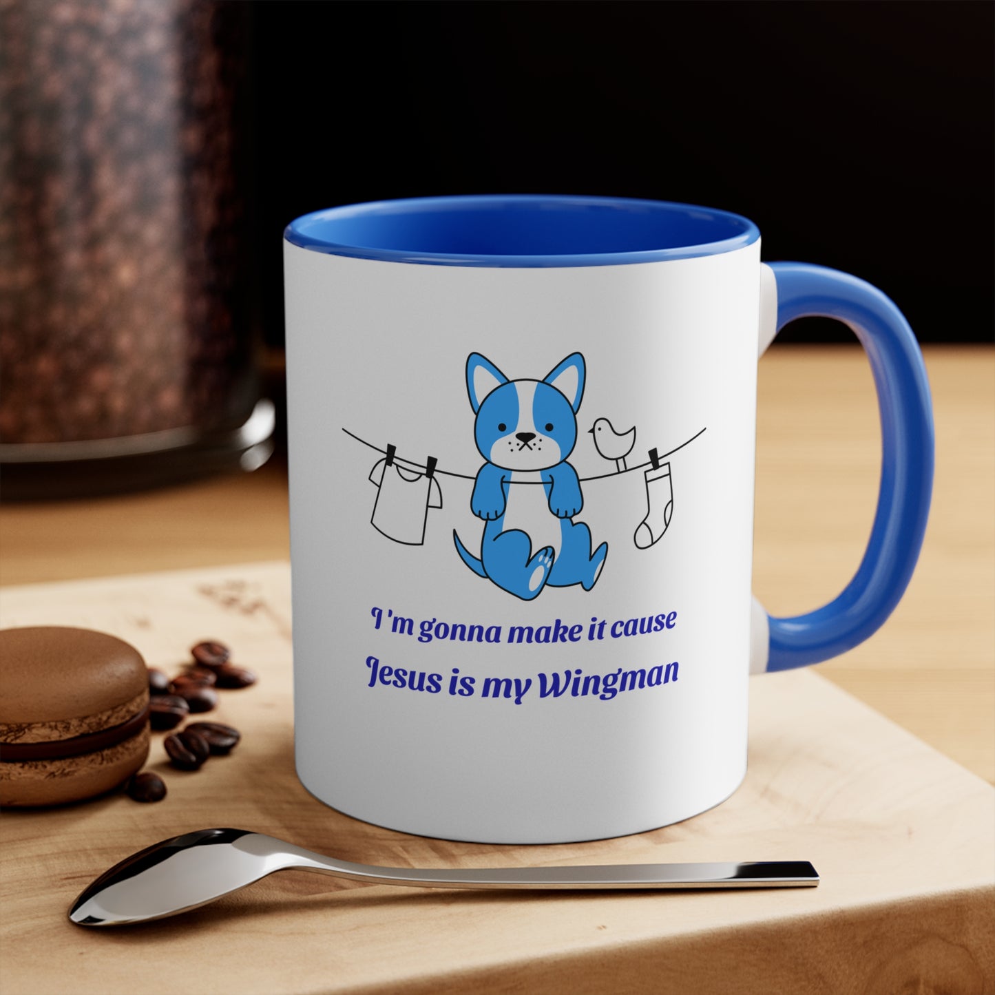 Christian Laundry Ribbon Mug — "I'm Covered by Jesus" Accent Coffee Cup
